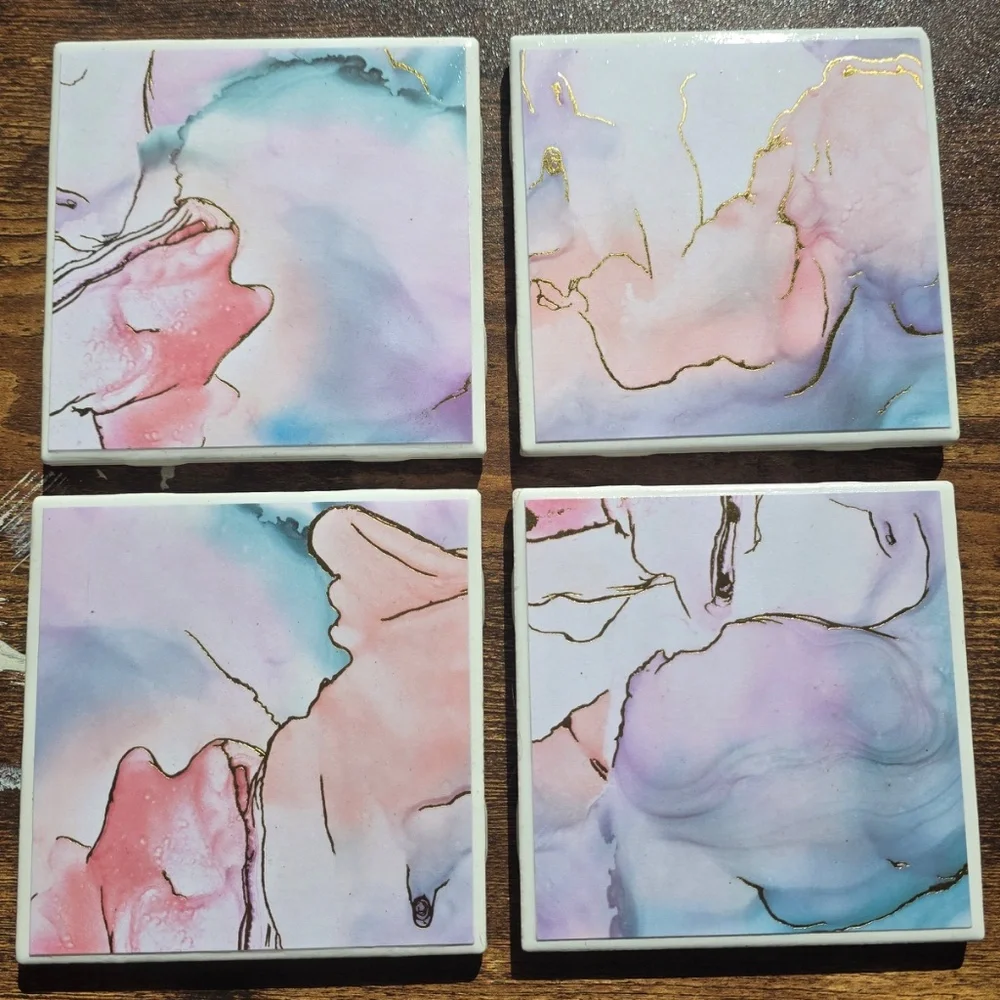 Handmade Watercolor Marble Coasters – Set of 4